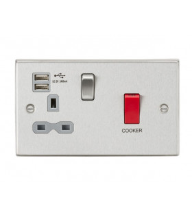 45A DP Switch & 13A Switched Socket with Dual USB Charger 2.4A - Brushed Chrome with grey insert