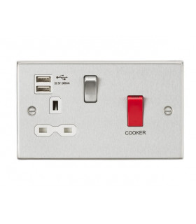 45A DP Switch & 13A Switched Socket with Dual USB Charger 2.4A - Brushed Chrome with white insert