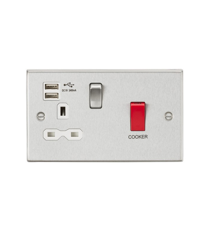 45A DP Switch & 13A Switched Socket with Dual USB Charger 2.4A - Brushed Chrome with white insert