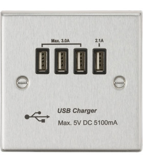 Quad USB Charger Outlet (5.1A) - Brushed Chrome with Black Insert