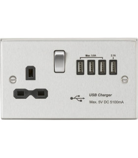 13A switched socket with quad USB charger (5.1A) - brushed chrome with black insert