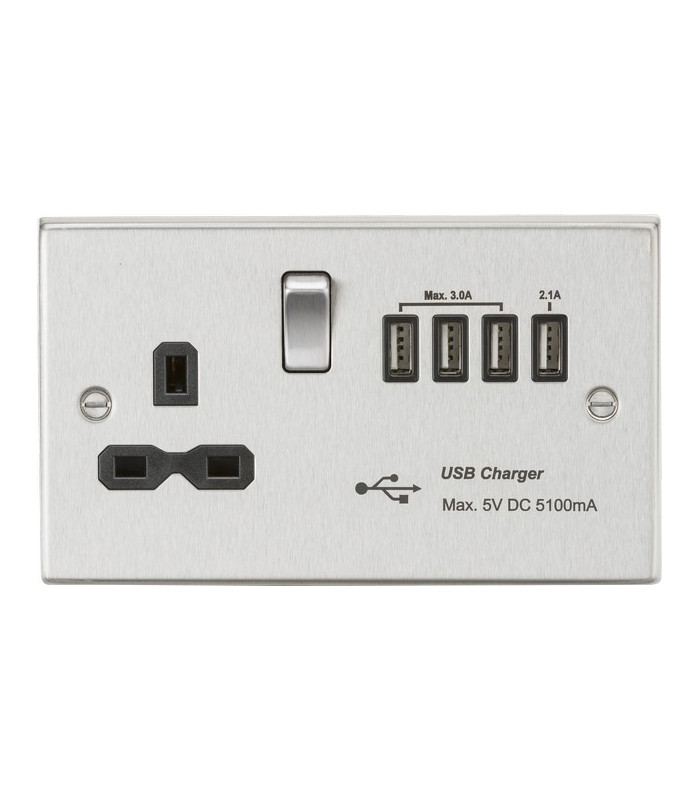 13A switched socket with quad USB charger (5.1A) - brushed chrome with black insert