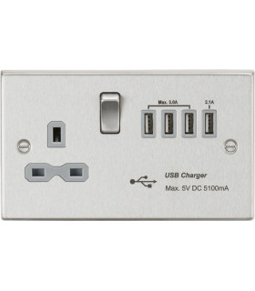 13A switched socket with quad USB charger (5.1A) - brushed chrome with grey insert