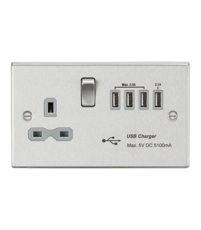 13A switched socket with quad USB charger (5.1A) - brushed chrome with grey insert