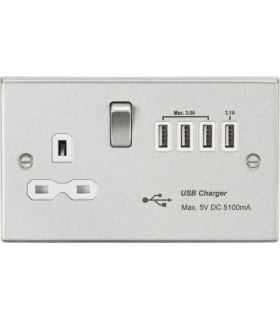13A switched socket with quad USB charger (5.1A) - brushed chrome with white insert