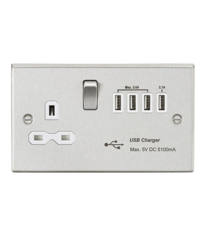 13A switched socket with quad USB charger (5.1A) - brushed chrome with white insert