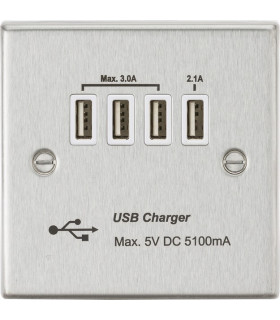 Quad USB Charger Outlet (5.1A) - Brushed Chrome with White Insert
