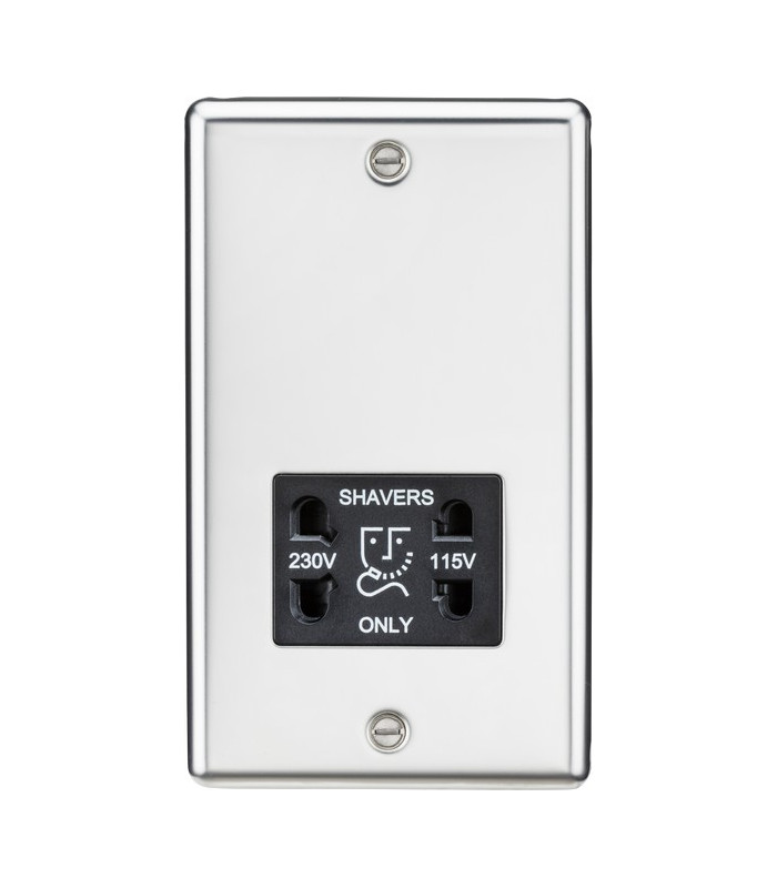 115-230V Dual Voltage Shaver Socket with Black Insert - Rounded Edge Polished Chrome