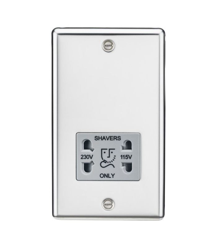 115-230V Dual Voltage Shaver Socket with Grey Insert - Rounded Edge Polished Chrome