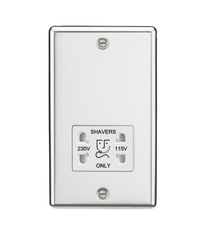 115-230V Dual Voltage Shaver Socket with White Insert - Rounded Edge Polished Chrome