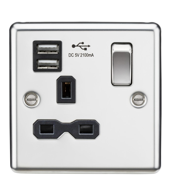 13A 1G Switched Socket Dual USB Charger Slots with Black Insert - Rounded Edge Polished Chrome