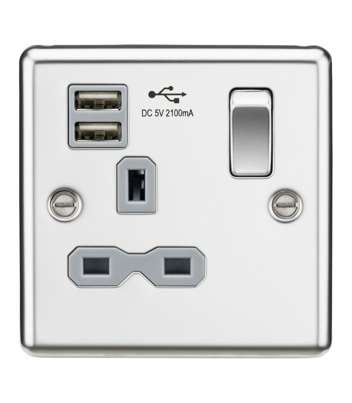 13A 1G Switched Socket Dual USB Charger Slots with Grey Insert - Rounded Edge Polished Chrome