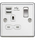 13A 1G Switched Socket Dual USB Charger Slots with White Insert - Rounded Edge Polished Chrome