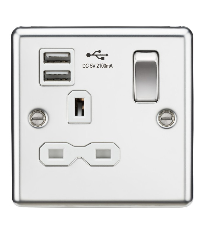 13A 1G Switched Socket Dual USB Charger Slots with White Insert - Rounded Edge Polished Chrome