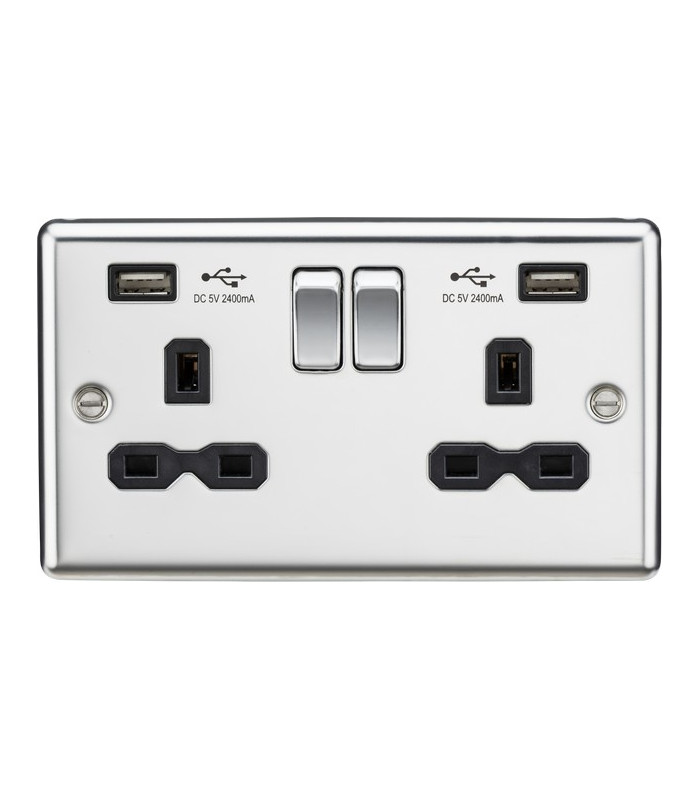 13A 2G Switched Socket Dual USB Charger (2.4A) with Black Insert - Rounded Edge Polished Chrome