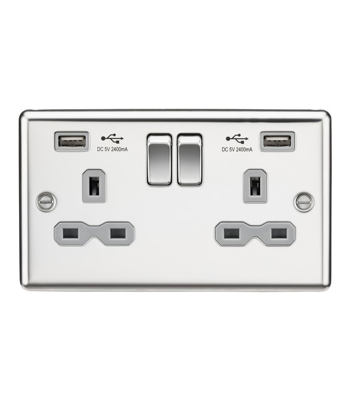 13A 2G Switched Socket Dual USB Charger (2.4A) with Grey Insert - Rounded Edge Polished Chrome