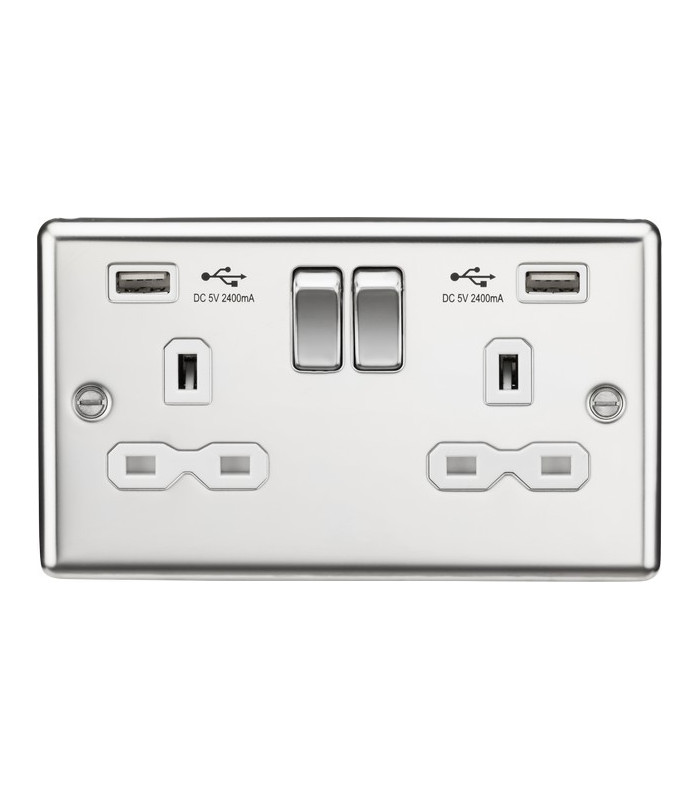 13A 2G Switched Socket Dual USB Charger (2.4A) with White Insert - Rounded Edge Polished Chrome