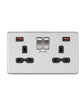 13A 2G DP Switched Socket with Dual USB FASTCHARGE ports (A + A) - Brushed Chrome with black insert
