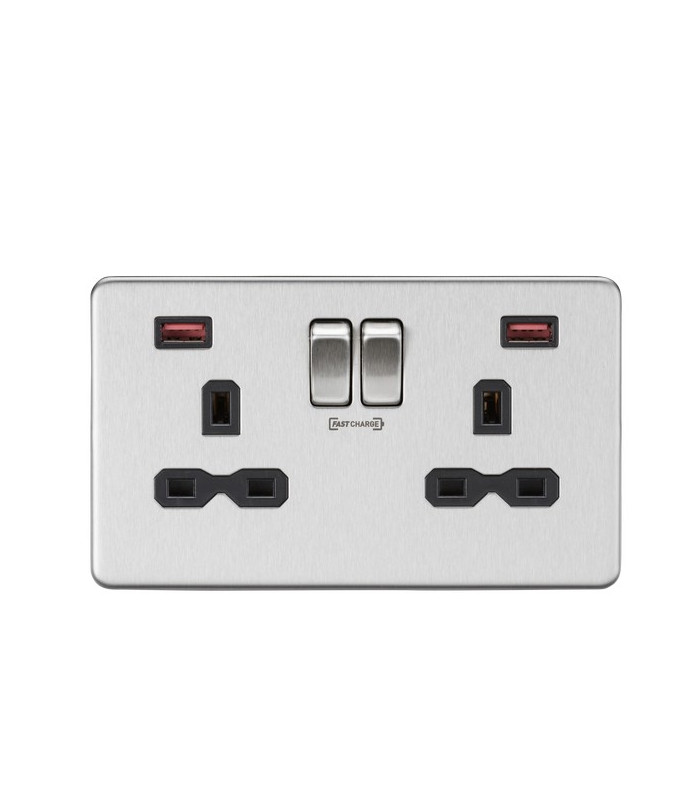 13A 2G DP Switched Socket with Dual USB FASTCHARGE ports (A + A) - Brushed Chrome with black insert