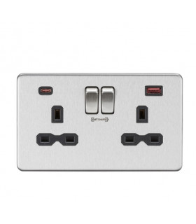 13A 2G DP Switched Socket with Dual USB FASTCHARGE ports (A + C) - Brushed Chrome with black insert