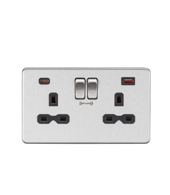13A 2G DP Switched Socket with Dual USB FASTCHARGE ports (A + C) - Brushed Chrome with black insert