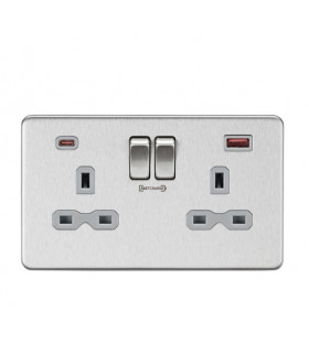 13A 2G DP Switched Socket with Dual USB FASTCHARGE ports (A + C) - Brushed Chrome with grey insert