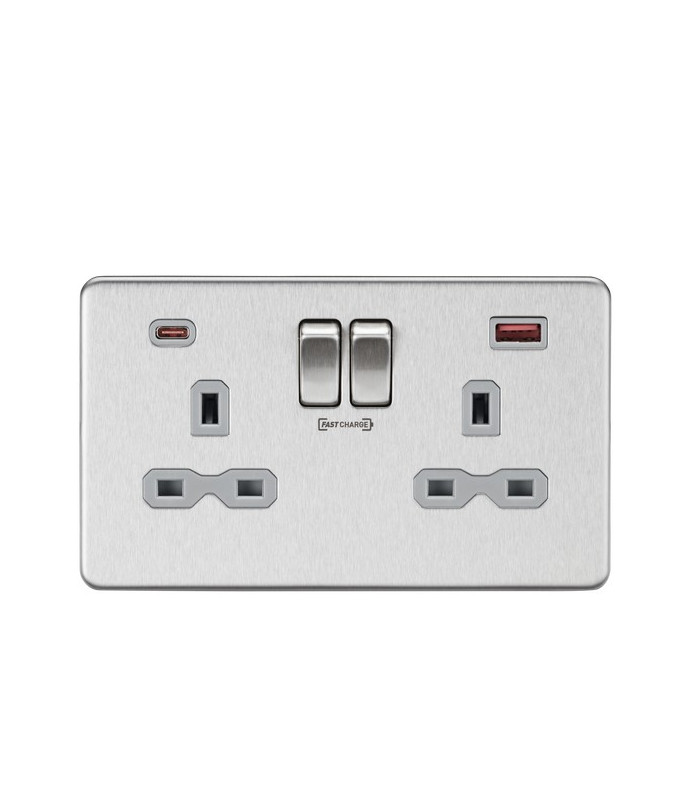 13A 2G DP Switched Socket with Dual USB FASTCHARGE ports (A + C) - Brushed Chrome with grey insert