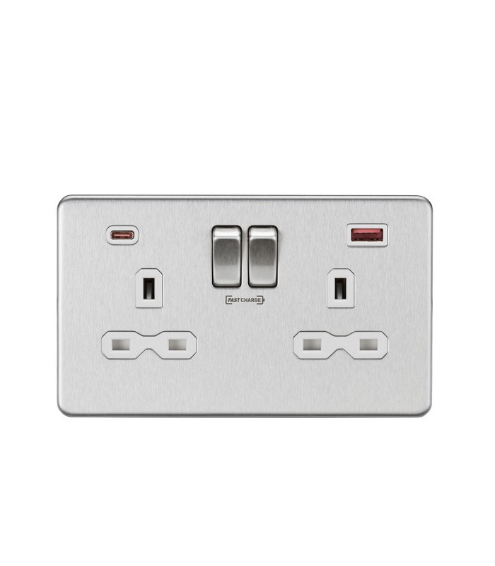 13A 2G DP Switched Socket with Dual USB FASTCHARGE ports (A + C) - Brushed Chrome with white insert