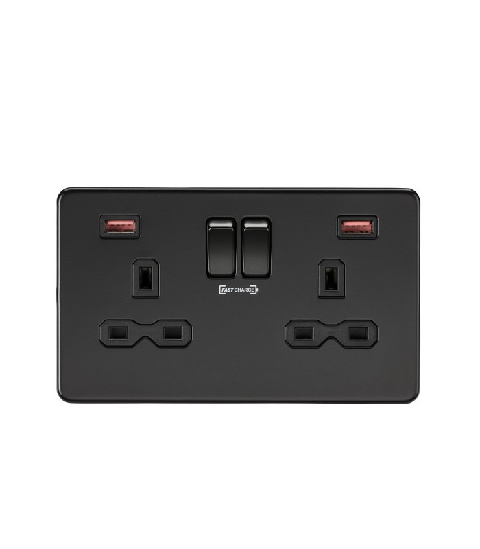 13A 2G DP Switched Socket with Dual USB FASTCHARGE ports (A + A) - Matt Black
