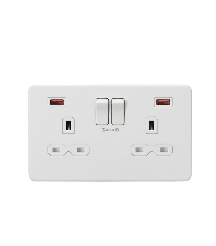 13A 2G DP Switched Socket with Dual USB FASTCHARGE ports (A + A) - Matt White