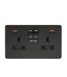 13A 2G DP Switched Socket with Dual USB FASTCHARGE ports (A + C) - Matt Black