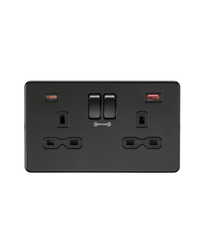 13A 2G DP Switched Socket with Dual USB FASTCHARGE ports (A + C) - Matt Black