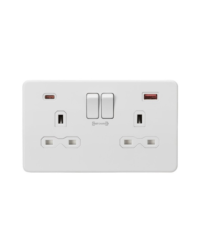 13A 2G DP Switched Socket with Dual USB FASTCHARGE ports (A + C) - Matt White