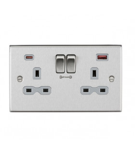 13A 2G DP Switched Socket with Dual USB FASTCHARGE ports (A + C) - Brushed Chrome with grey insert