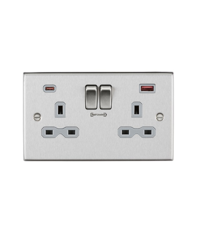 13A 2G DP Switched Socket with Dual USB FASTCHARGE ports (A + C) - Brushed Chrome with grey insert