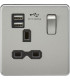 Screwless 13A 1G switched socket with dual USB charger (2.4A) - brushed chrome with black insert