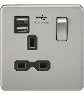 Screwless 13A 1G switched socket with dual USB charger (2.4A) - brushed chrome with black insert