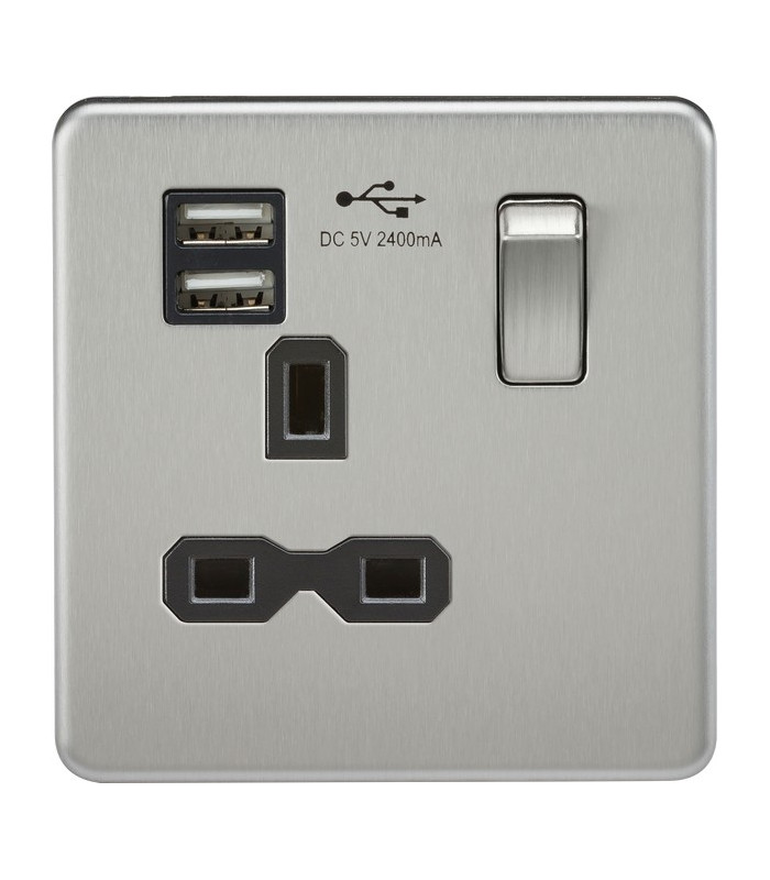 Screwless 13A 1G switched socket with dual USB charger (2.4A) - brushed chrome with black insert