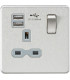 Screwless 13A 1G switched socket with dual USB charger (2.4A) - brushed chrome with grey insert