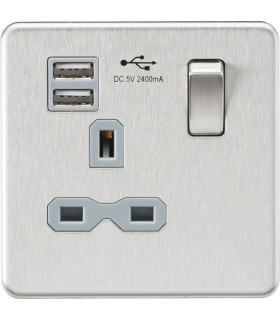 Screwless 13A 1G switched socket with dual USB charger (2.4A) - brushed chrome with grey insert