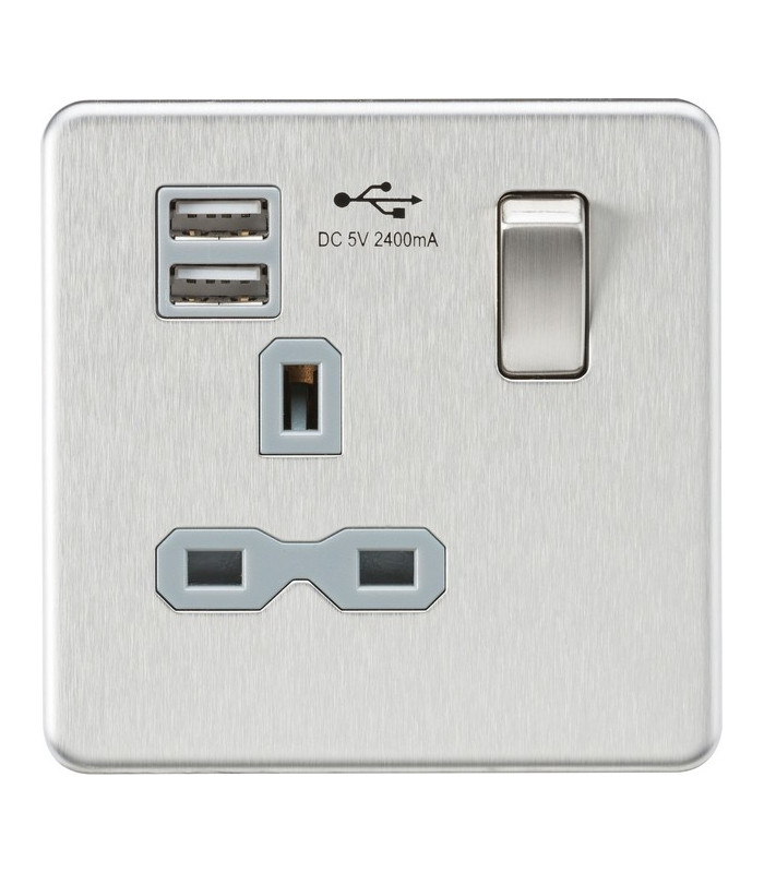Screwless 13A 1G switched socket with dual USB charger (2.4A) - brushed chrome with grey insert