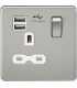 Screwless 13A 1G switched socket with dual USB charger (2.4A) - brushed chrome with white insert