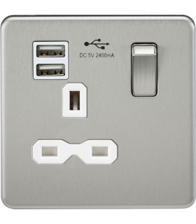 Screwless 13A 1G switched socket with dual USB charger (2.4A) - brushed chrome with white insert