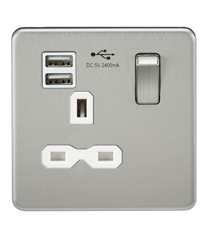 Screwless 13A 1G switched socket with dual USB charger (2.4A) - brushed chrome with white insert