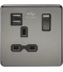 Screwless 13A 1G switched socket with dual USB charger (2.4A) - black nickel with black insert