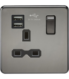 Screwless 13A 1G switched socket with dual USB charger (2.4A) - black nickel with black insert