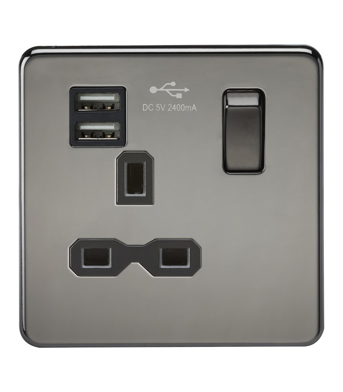 Screwless 13A 1G switched socket with dual USB charger (2.4A) - black nickel with black insert