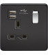 Screwless 13A 1G switched socket with dual USB charger (2.4A) - matt black with chrome rocker