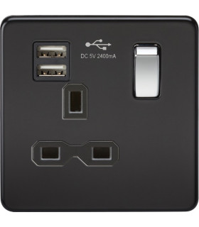 Screwless 13A 1G switched socket with dual USB charger (2.4A) - matt black with chrome rocker