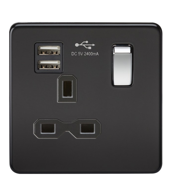 Screwless 13A 1G switched socket with dual USB charger (2.4A) - matt black with chrome rocker